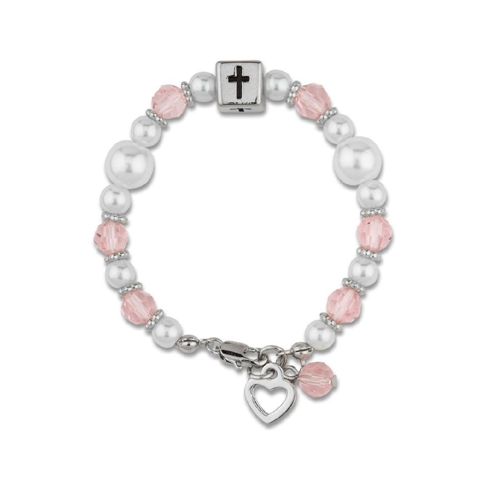 Pink &amp; White Baby Bracelet
w/ Cross Cube &amp; Hea...