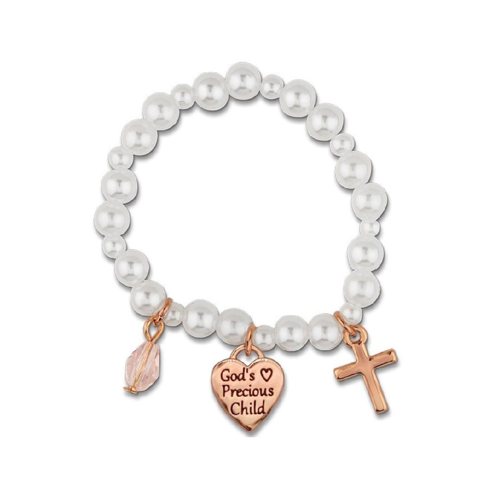 White Stretch Baby Bracelet 
w/ Rose Gold Char...