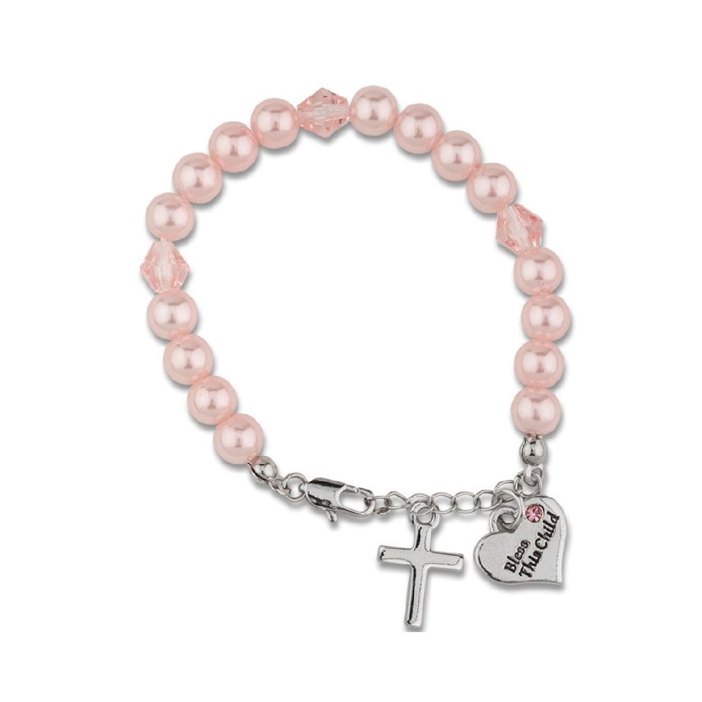 Pink Pearl Baby Bracelet 
w/Cross &amp; Heart Char...