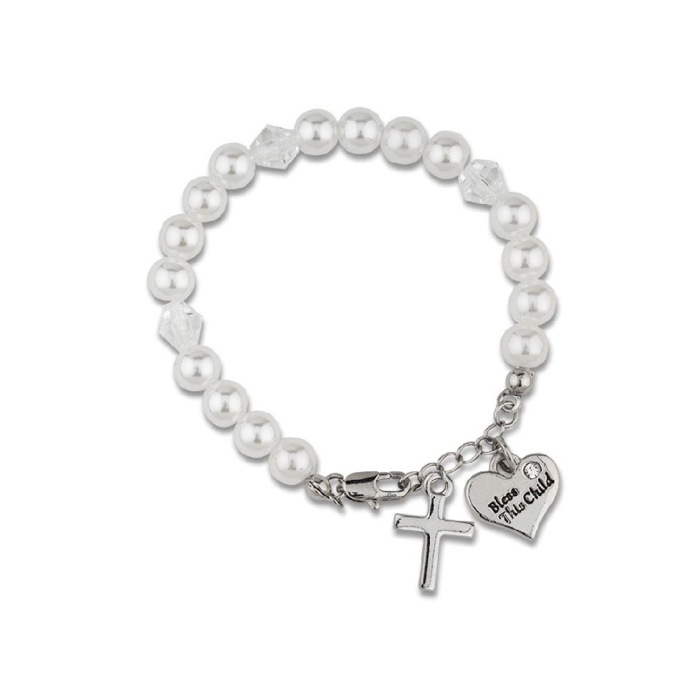 White  Pearl Baby Bracelet 
w/Cross &amp; Heart Ch...