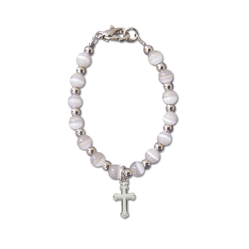 White Cat s Eye Baby Bracelet 
w/Cross Charm  
