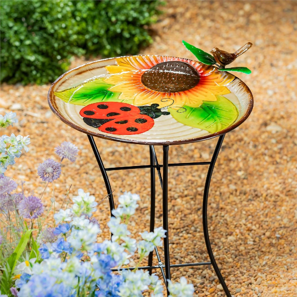 Ladybug &amp; Sunflower Metal Pollinator Garden Bir...