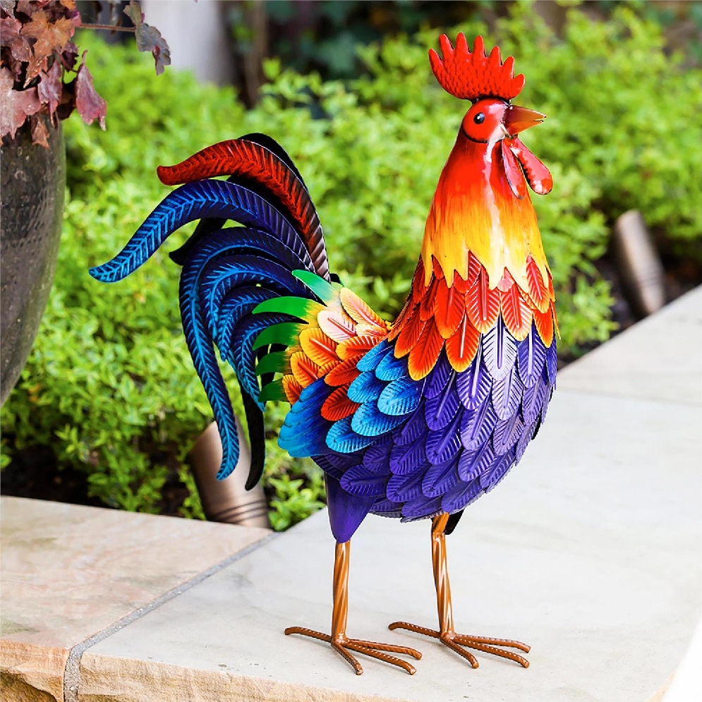 Colourful Rooster Metal Hillside Pasture Garden...