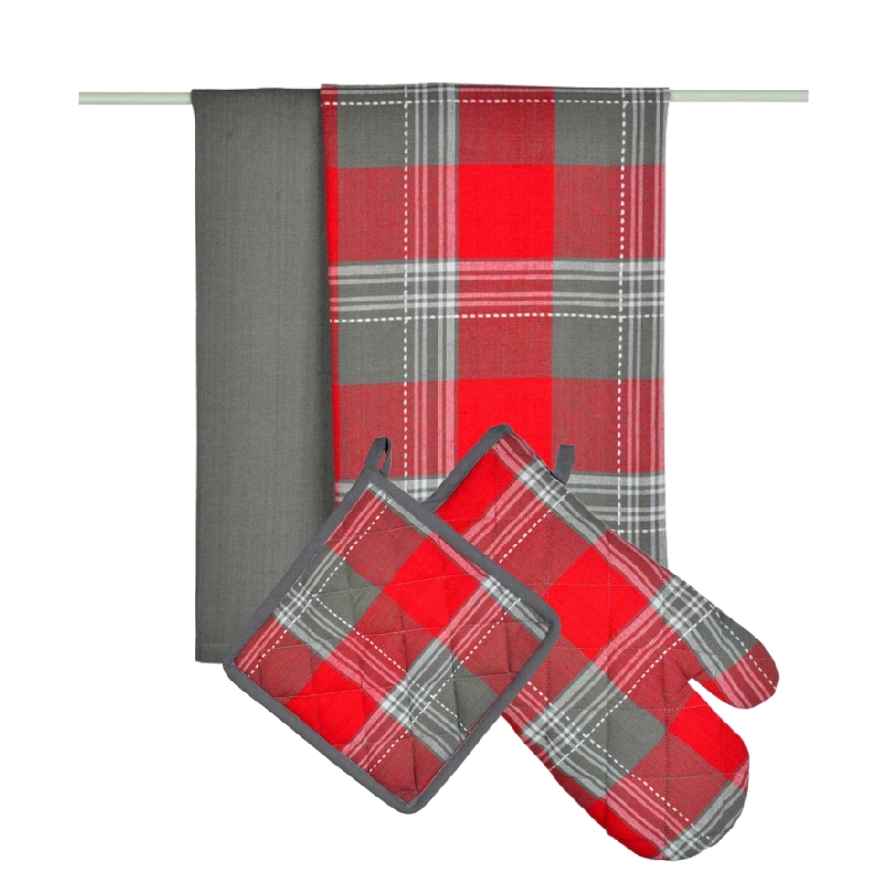 Oven Mitt; Pot Holder and 2 Tea Towel Plaid Set  