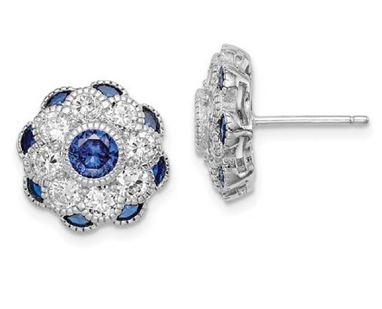 Silver RH-plated CZ & Syn. Blue Spinel Earring  