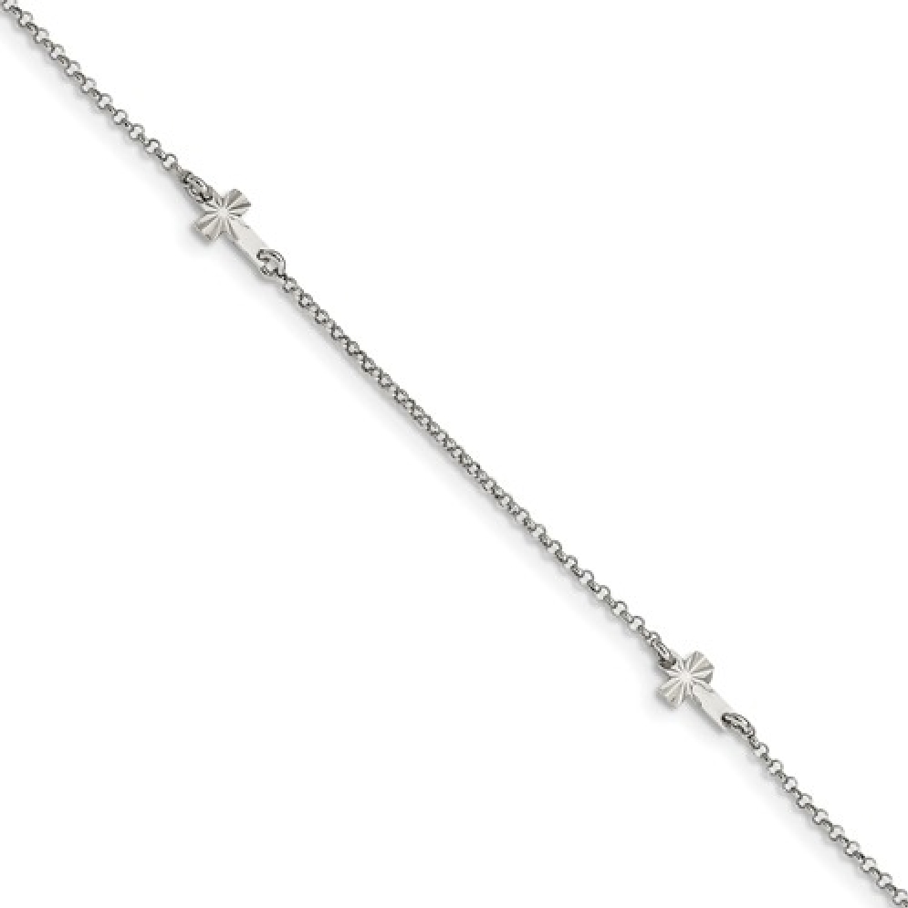 Sterling Silver Rhodium-plated Diamond-Cut Cros...