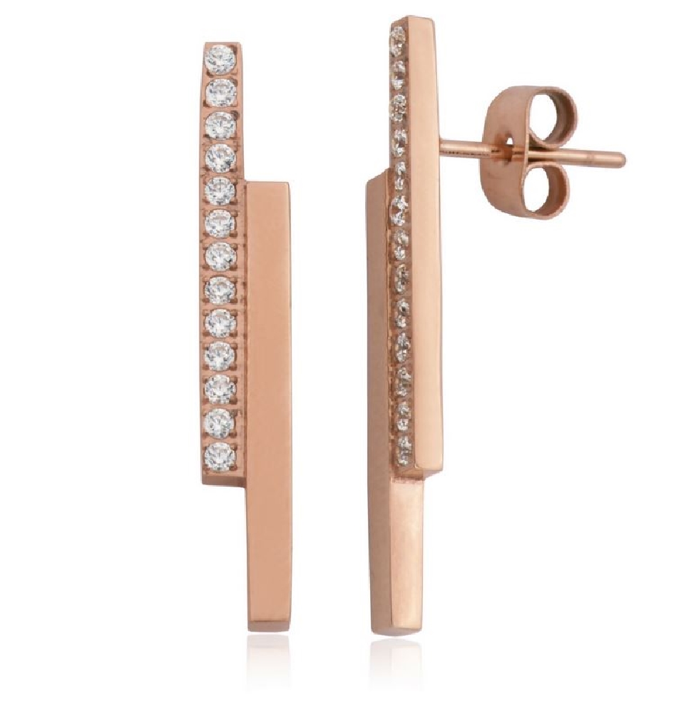 Steelex Bar Earring IP Rose CZ Stones  