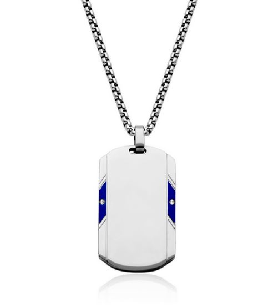 STEELX
Dog Tag Necklace
w/ CZ and Blue IP
24...