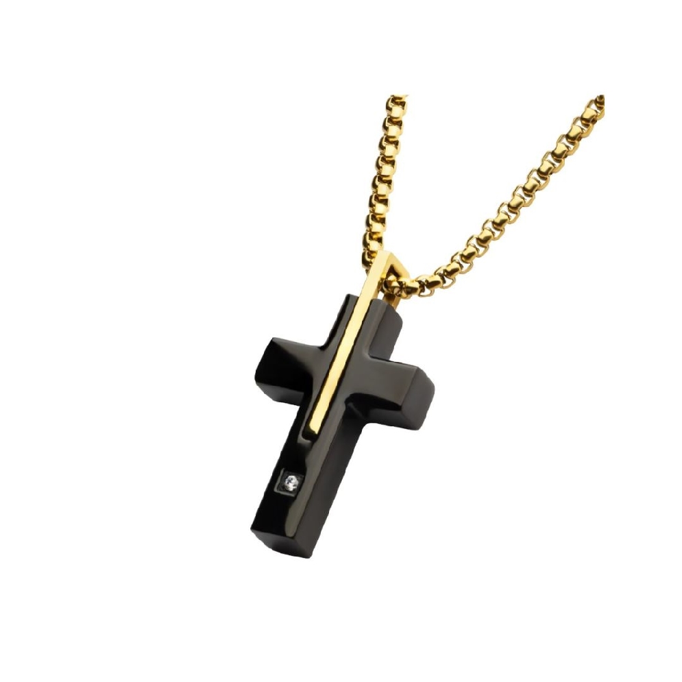 INOX&trade; Steel
Two Tone Cross Necklace
w/.03ct...