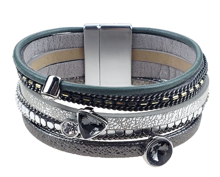 Leather bracelet in silver, grey and teal with onyx and white crystal beads.